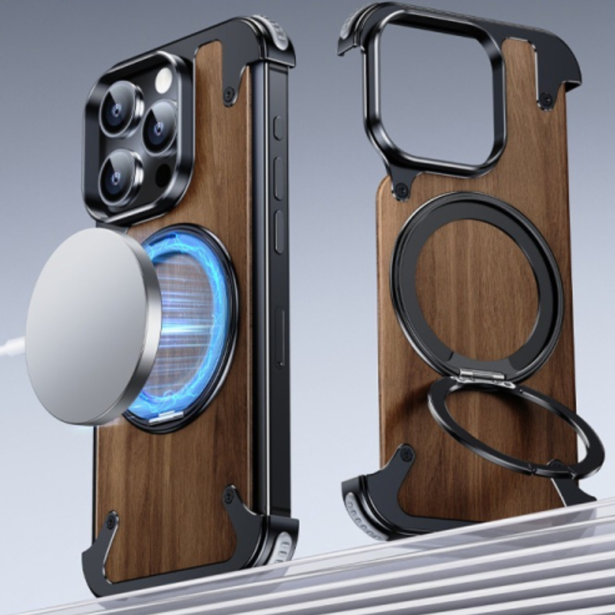 Coque iPhone en Bois Naturel avec Support Rotatif