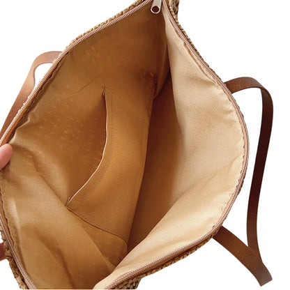 Sac Panier Tressé en Osier avec Poignées Cuir pour Femme