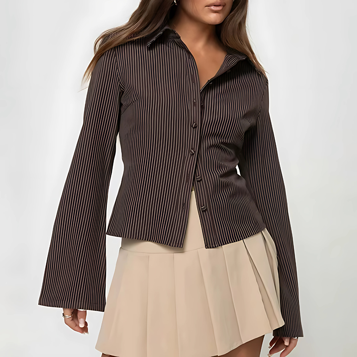 Chemisier à Rayures Brun Femme Élégant